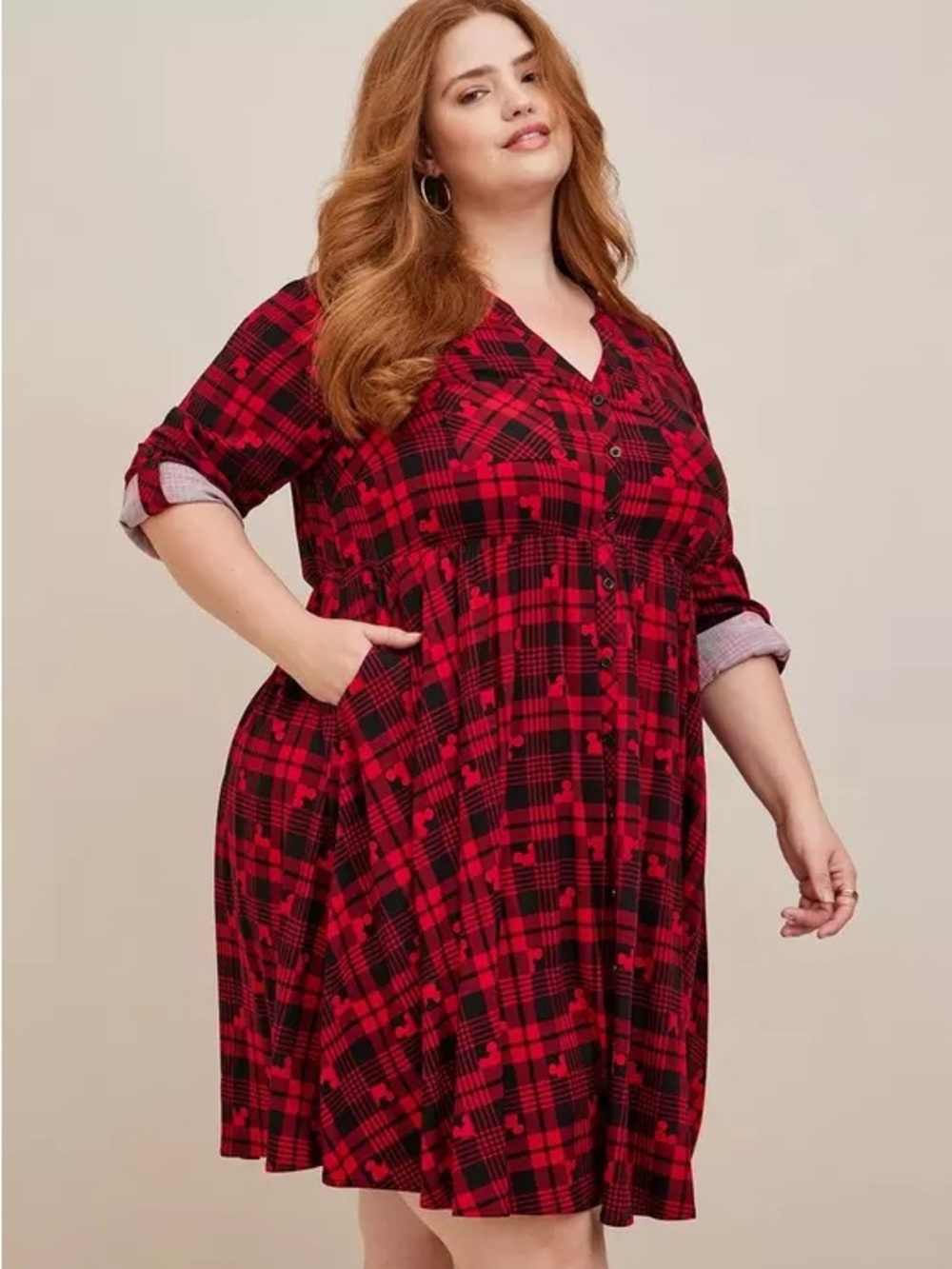🎒 Cozy & Cute! Torrid x Disney Mickey Mouse Red & Black Plaid Shirt Dress 🐭